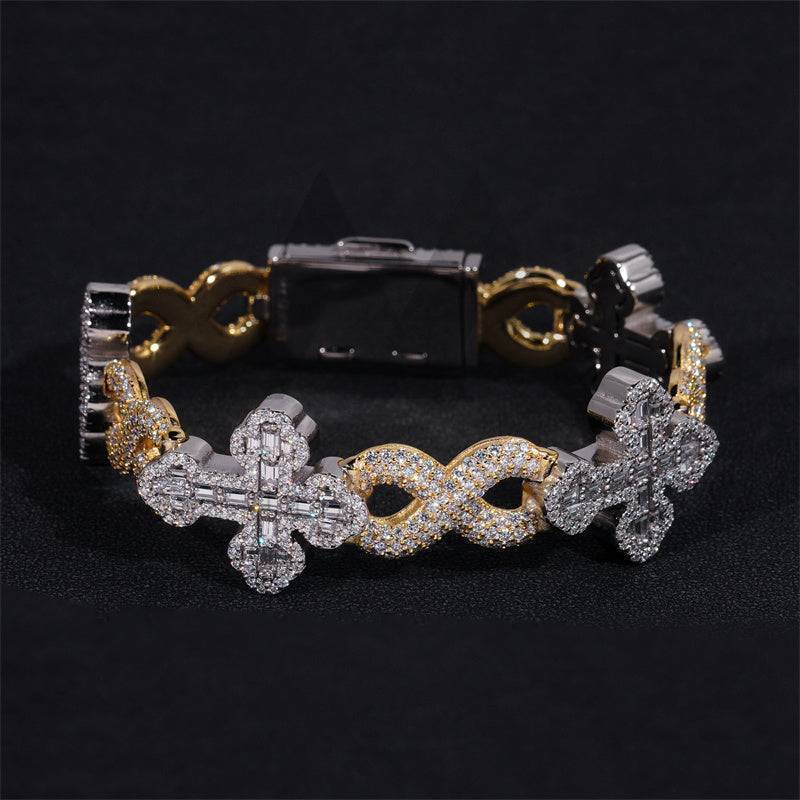 Hip hop jewelry featuring 15MM yellow and white gold 925 silver iced out moissanite infinity link cross bracelet