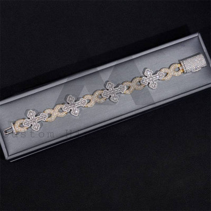 15MM Yellow Gold Mix White Gold 925 Silver Iced Out Moissanite Infinity Link Cross Bracelet