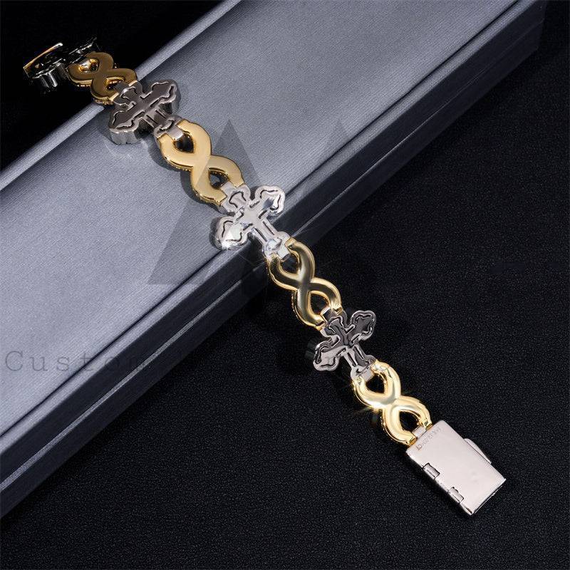 Hip hop jewelry featuring 15MM yellow and white gold 925 silver iced out moissanite infinity link cross bracelet