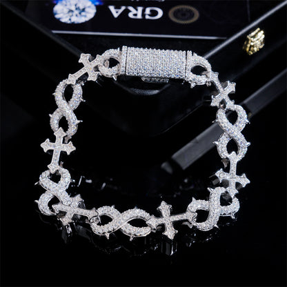Men Jewelry Iced Out 13MM Width Silver Moissanite Infinity Link Bracelet With Cross Charm