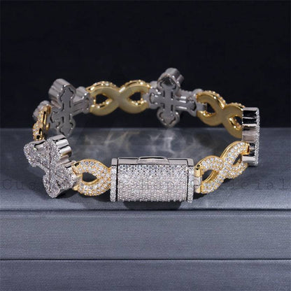 15MM Yellow Gold Mix White Gold 925 Silver Iced Out Moissanite Infinity Link Cross Bracelet