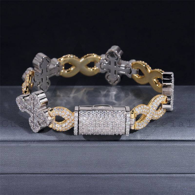 Hip hop jewelry featuring 15MM yellow and white gold 925 silver iced out moissanite infinity link cross bracelet