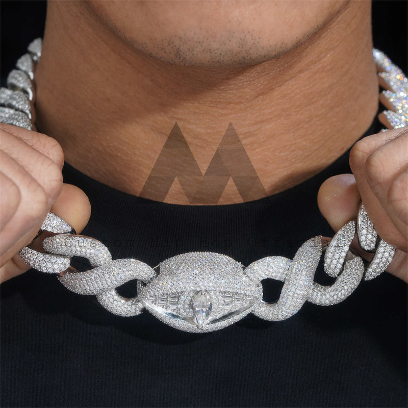 Hip hop jewelry featuring fully iced flower setting in silver 925 moissanite, 18mm Cuban link mix infinity link with evil eye charm0