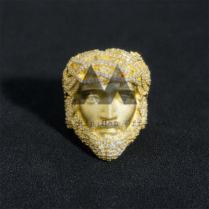 Anel de cabeça de Jesus Moissanite banhado a ouro 14K com rosto fosco e prata esterlina gelado hip hop