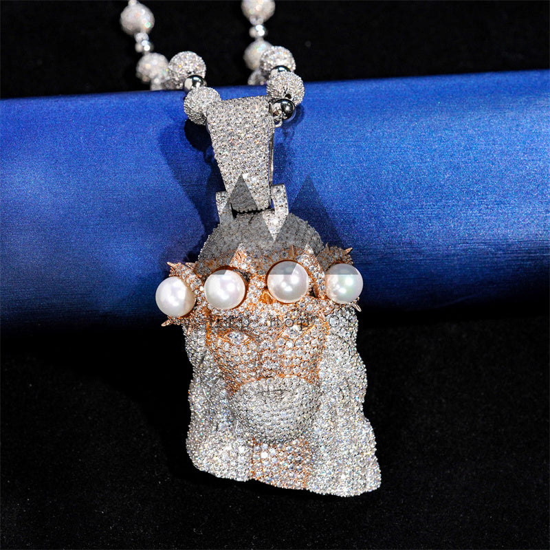 Elegant 2.5 inch Pearl Jesus Pendant with Moissanite Diamond and Rosary Chain0