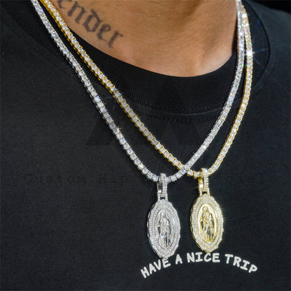 hip hop sterling silver 925 2" tall iced out Maria and Jesus Pendant With 3mm tennis chain