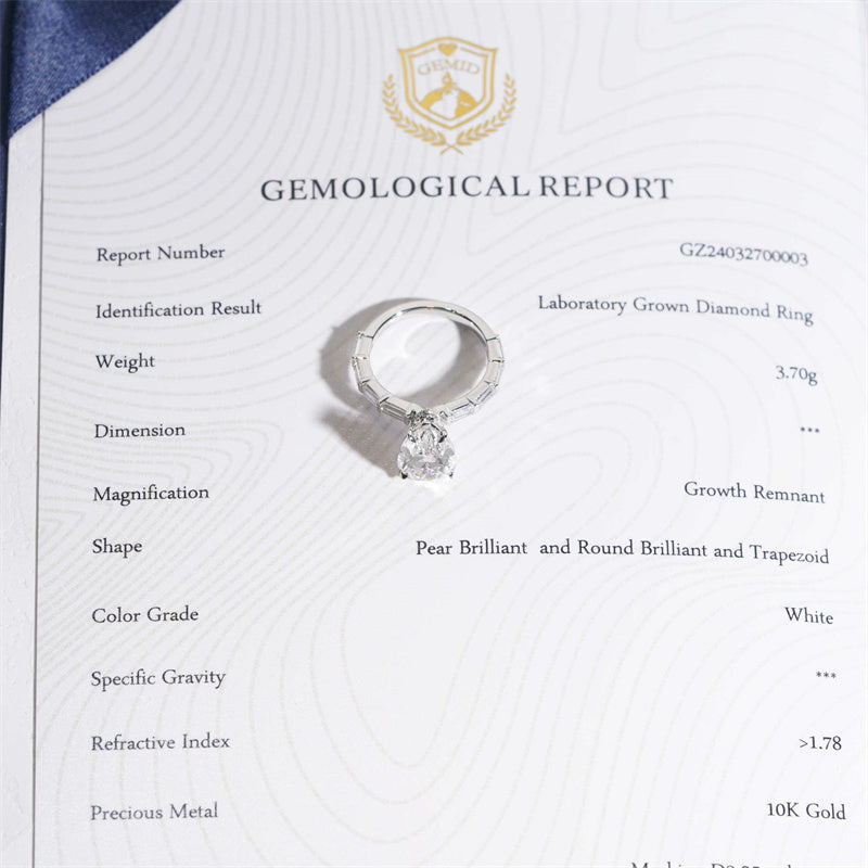 Custom Made Engagement Ring 10K 14K 18K White Gold Pear Cut CVD Lab Diamond 3.45CT