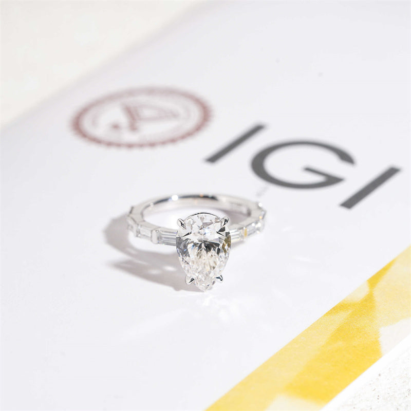 Custom Made Engagement Ring 10K 14K 18K White Gold Pear Cut CVD Lab Diamond 3.45CT