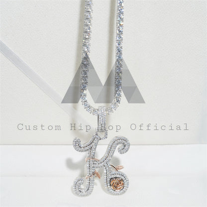 2 inch rose gold and white gold initial K pendant with 4mm tennis chain hip hop iced out moissanite diamond set1