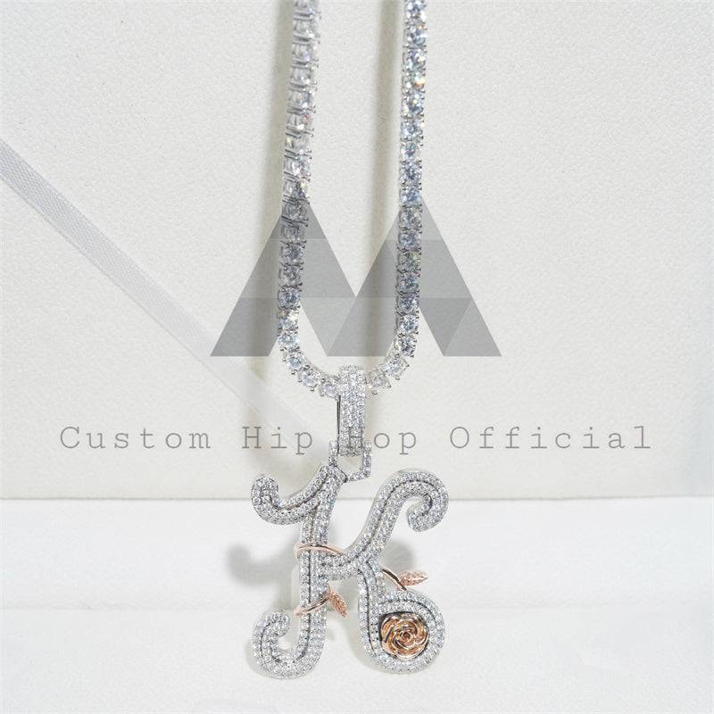 Iced Out Moissanite Diamond Initial K Pendant with Rose & White Gold Tennis Chain hip hop jewelry1