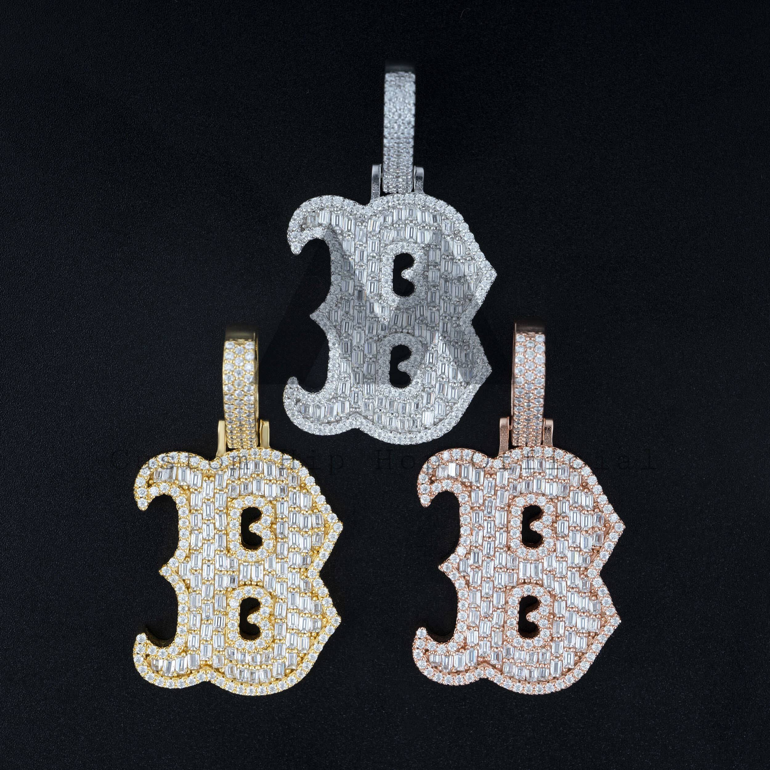 Iced Out Baguette Moissanite Diamond Initial Letter B Pendant hip hop jewelry for 10MM Cuban Chain1