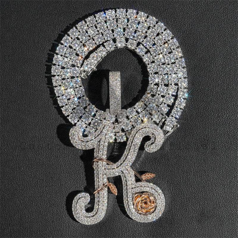 Iced Out Moissanite Diamond Initial K Pendant with Rose & White Gold Tennis Chain hip hop jewelry3