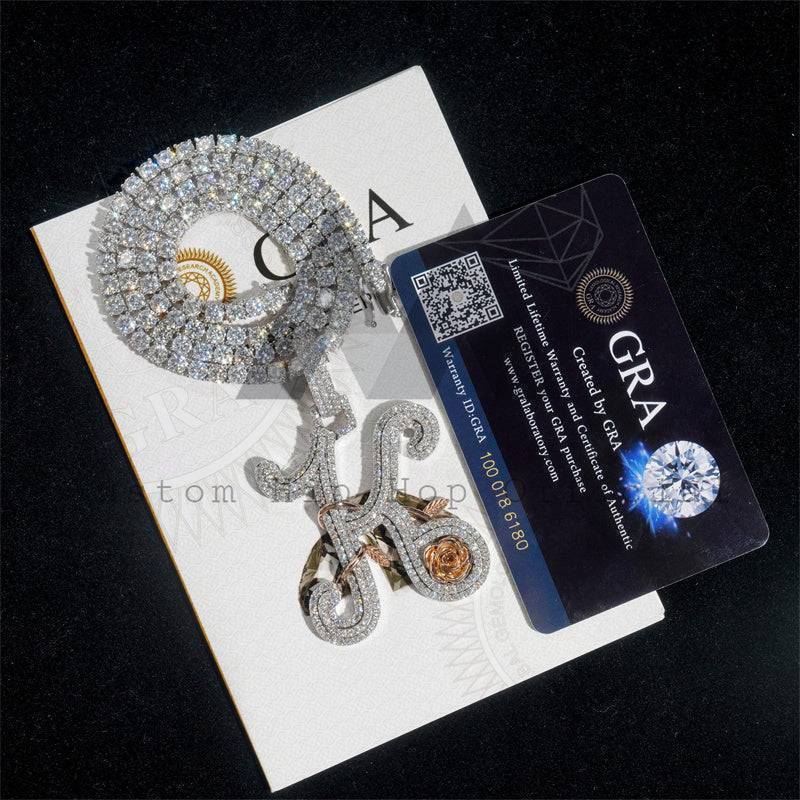 Iced Out Moissanite Diamond Initial K Pendant with Rose & White Gold Tennis Chain hip hop jewelry4