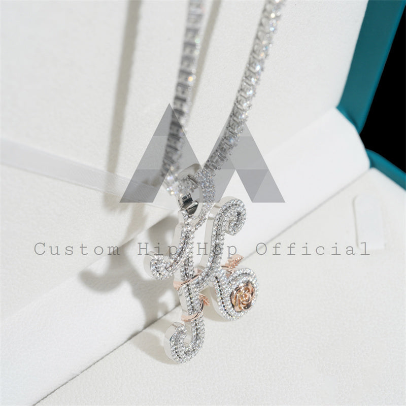 2 inch rose gold and white gold initial K pendant with 4mm tennis chain hip hop iced out moissanite diamond set0