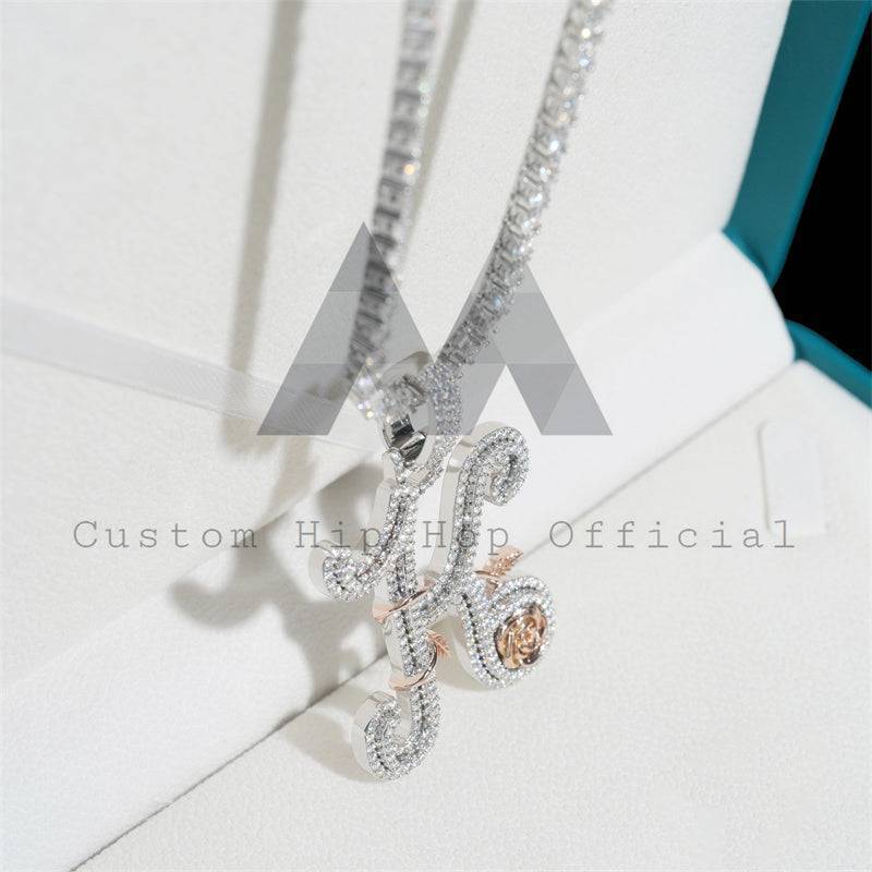 Iced Out Moissanite Diamond Initial K Pendant with Rose & White Gold Tennis Chain hip hop jewelry0