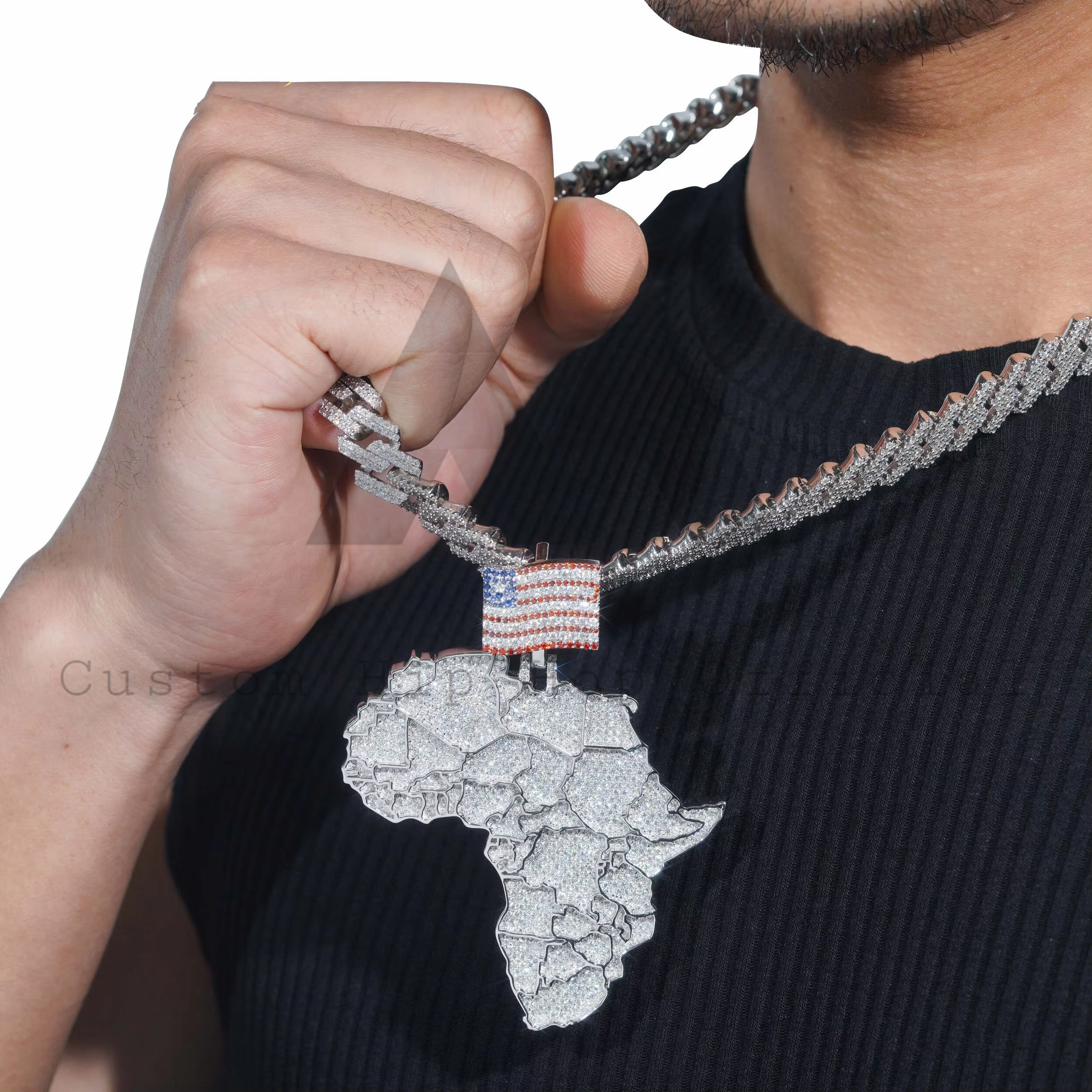 3.5Inch Tall Iced Out Flag Bail Africa Map Pendant Iced Out VVS Moissanite Hip Hop Jewelry