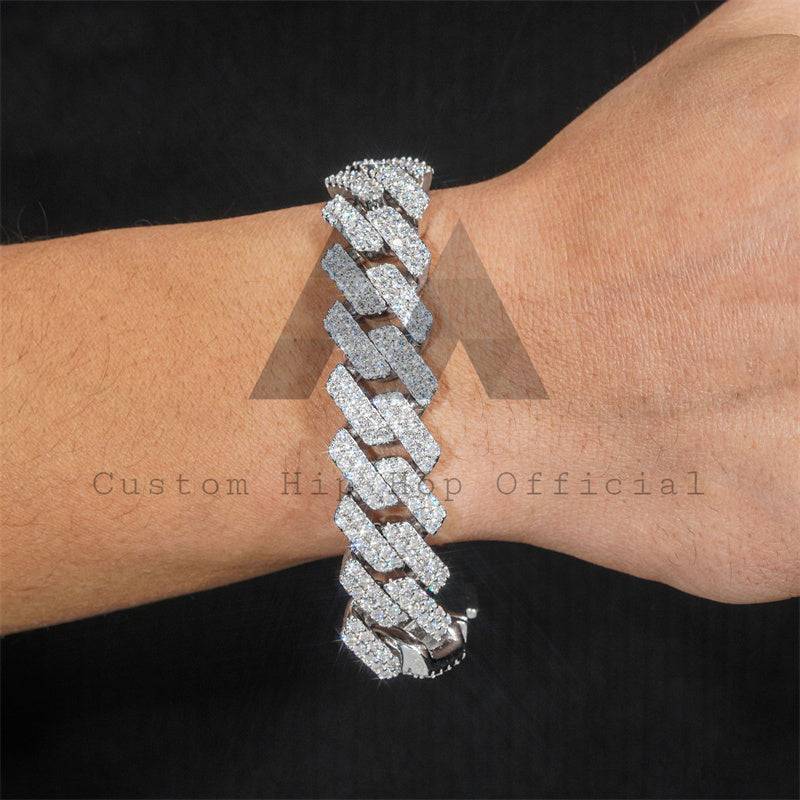 White Gold 925 Sterling Silver GRA Moissanite 15MM Two Rows Cuban Link Men Bracelet Hip Hop Jewelry3