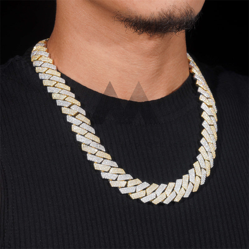 18MM Yellow Gold Mix White Gold Hand Made VVS Moissanite Diamond Cuban Link Chain Necklace