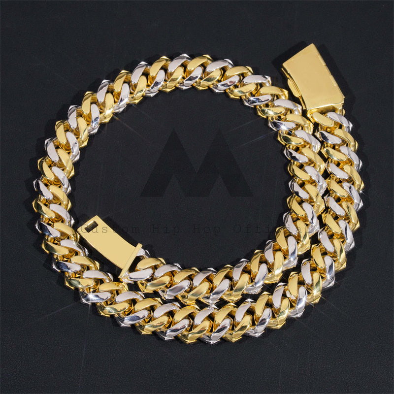 18MM Yellow Gold Mix White Gold Hand Made VVS Moissanite Diamond Cuban Link Chain Necklace