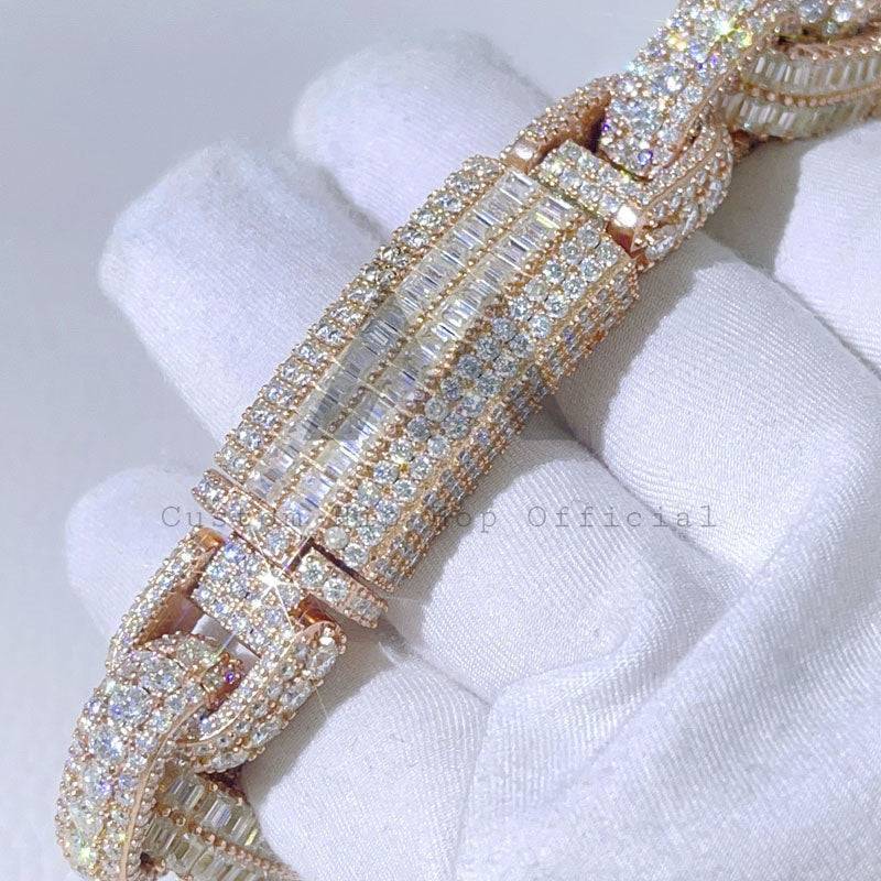 15MM Hermes Box Link Bracelet with moissanite on gloved hand, elegant design