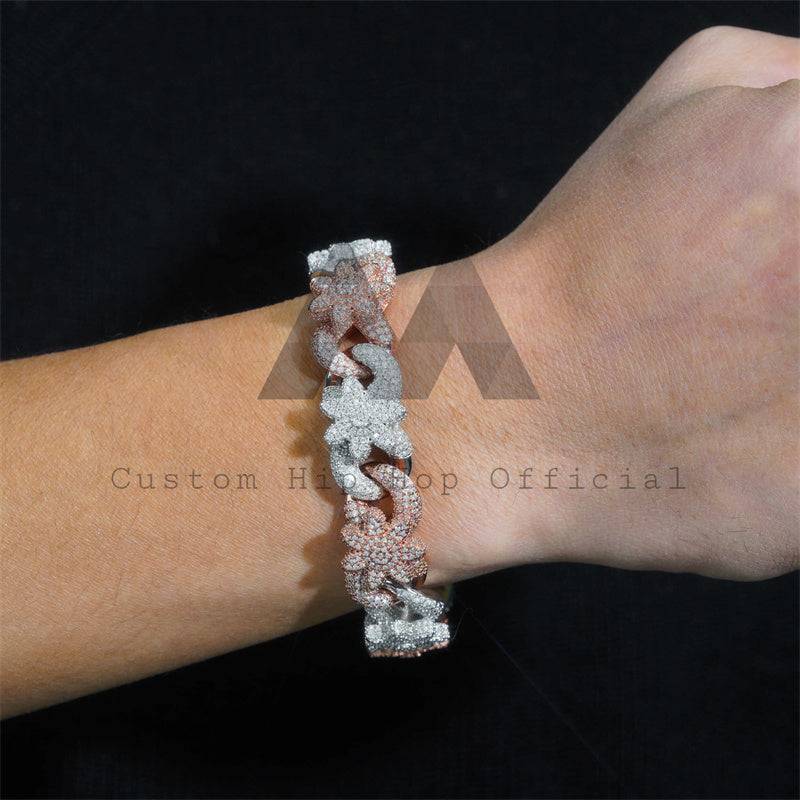 Stylish new design iced out Moissanite diamond 18MM flower Cuban bracelet in rose gold and white gold 925 silver hip hop jewelry4