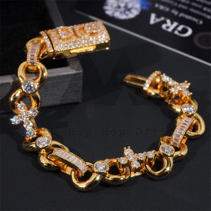 Custom Made Name Clasp 13MM Baguette Infinity Link Bracelet VVS Moissanite Diamond 18K Gold Plated