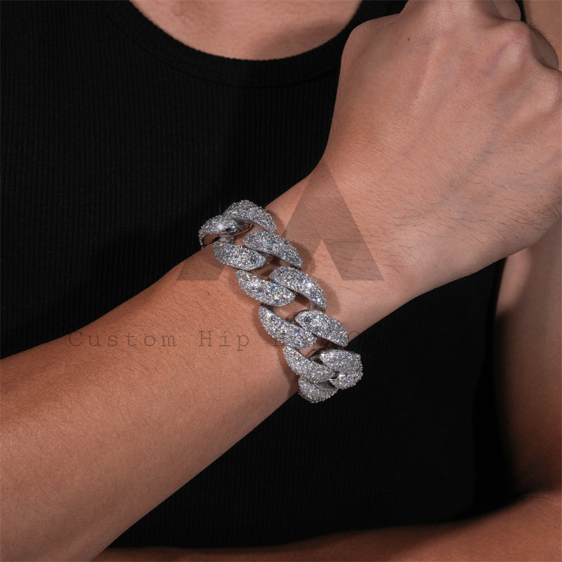 Sterling Silver 925 Moissanite Diamond Hip Hop Iced Out Mosaic Setting Cuban Link Bracelet 23MM