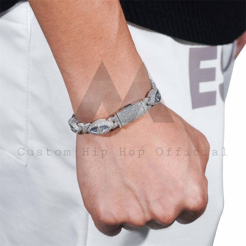 Stylish 925 Sterling Silver Men Jewelry 10MM Moissanite Evil Eye Infinity Link Cuban Bracelet