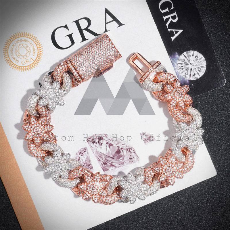 Stylish new design iced out Moissanite diamond 18MM flower Cuban bracelet in rose gold and white gold 925 silver hip hop jewelry3