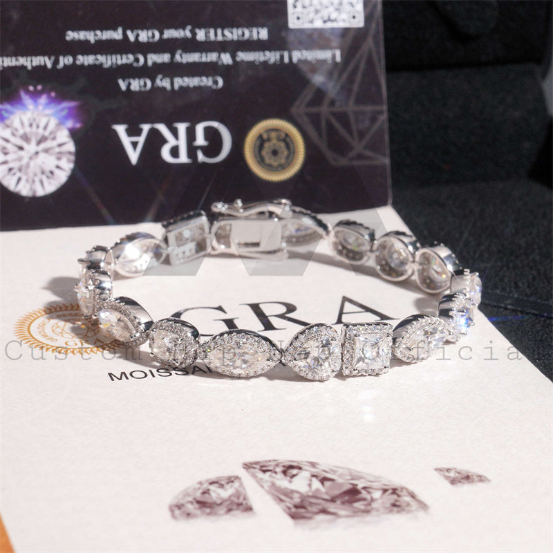 Halo Diamond Style Fancy Cut VVS Moissanite Diamond Link Bracelet White Gold 925 Silver