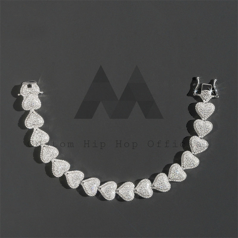 13MM width solid silver men's moissanite diamond bracelet in heart link style4