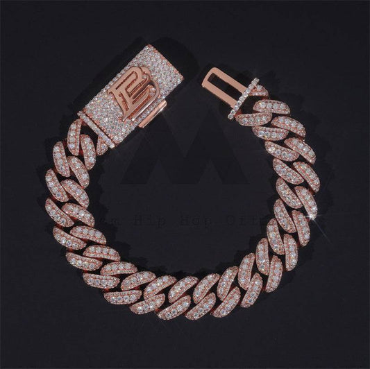 925 Silver Rose Gold Hip Hop 15MM Custom Name Lock Iced Out Moissanite Cuban Link Bracelet