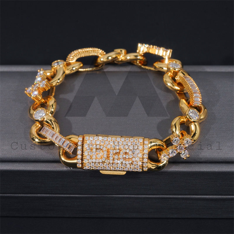 Custom Made Name Clasp 13MM Baguette Infinity Link Bracelet VVS Moissanite Diamond 18K Gold Plated