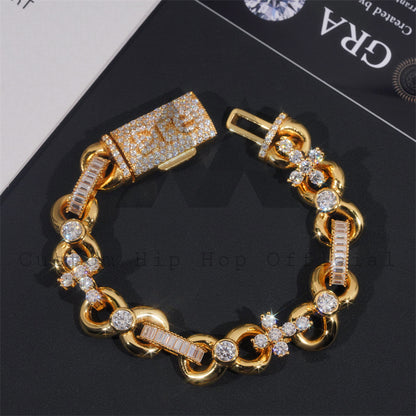 Custom Made Name Clasp 13MM Baguette Infinity Link Bracelet VVS Moissanite Diamond 18K Gold Plated