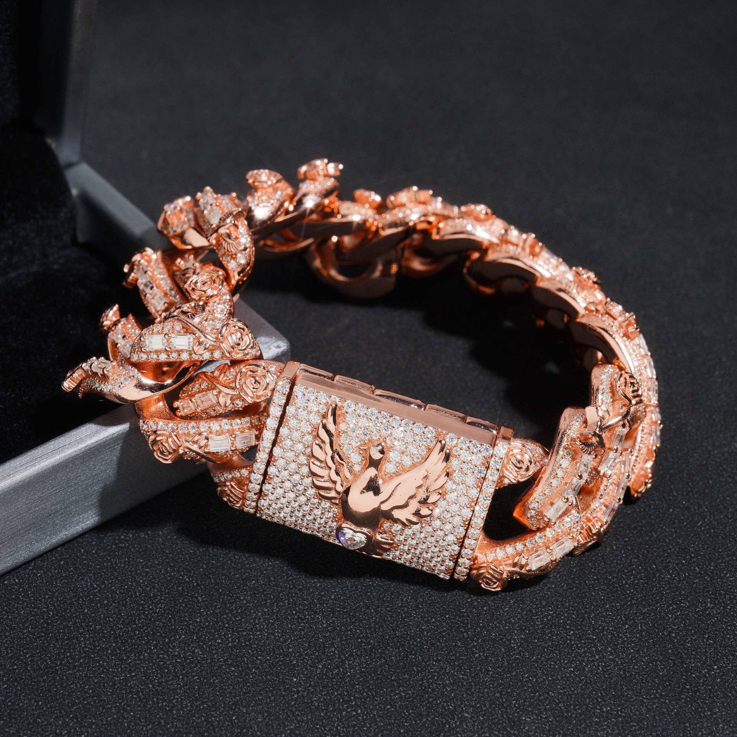 Hip hop jewelry featuring 20MM Baguette Cut Moissanite Cuban Bracelet in Rose Gold Plated Silver0