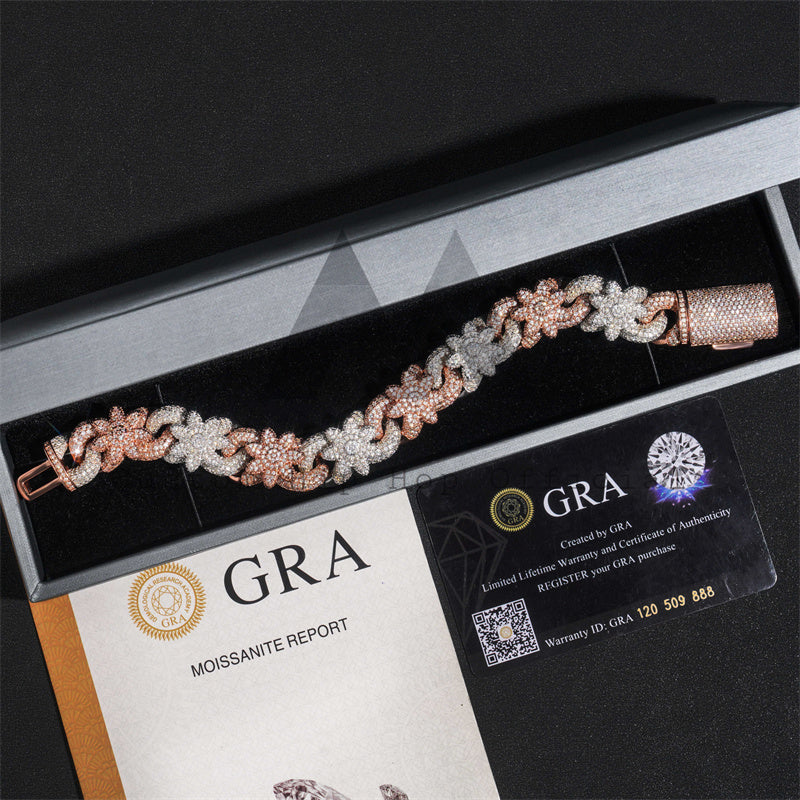 Elegante novo design gelado moissanite diamante 18mm flor cubana pulseira rosa ouro mix ouro branco 925 prata