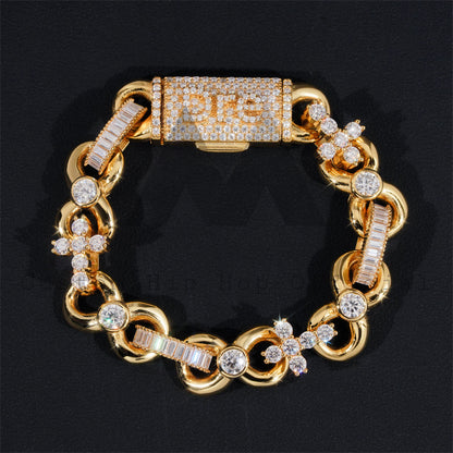 Custom Made Name Clasp 13MM Baguette Infinity Link Bracelet VVS Moissanite Diamond 18K Gold Plated