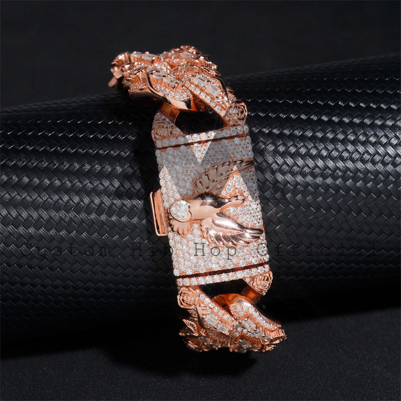 Baguette Cut Moissanite Cuban Bracelet in Rose Gold Plated Sterling Silver 925 with Iced Bird and Flower Design for Men5