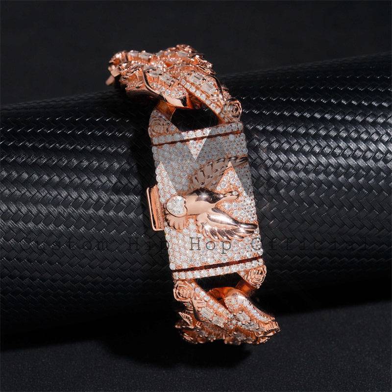 Hip hop jewelry featuring 20MM Baguette Cut Moissanite Cuban Bracelet in Rose Gold Plated Silver5