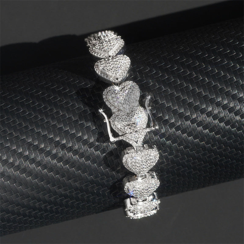 13MM width solid silver men's moissanite diamond bracelet in heart link style1