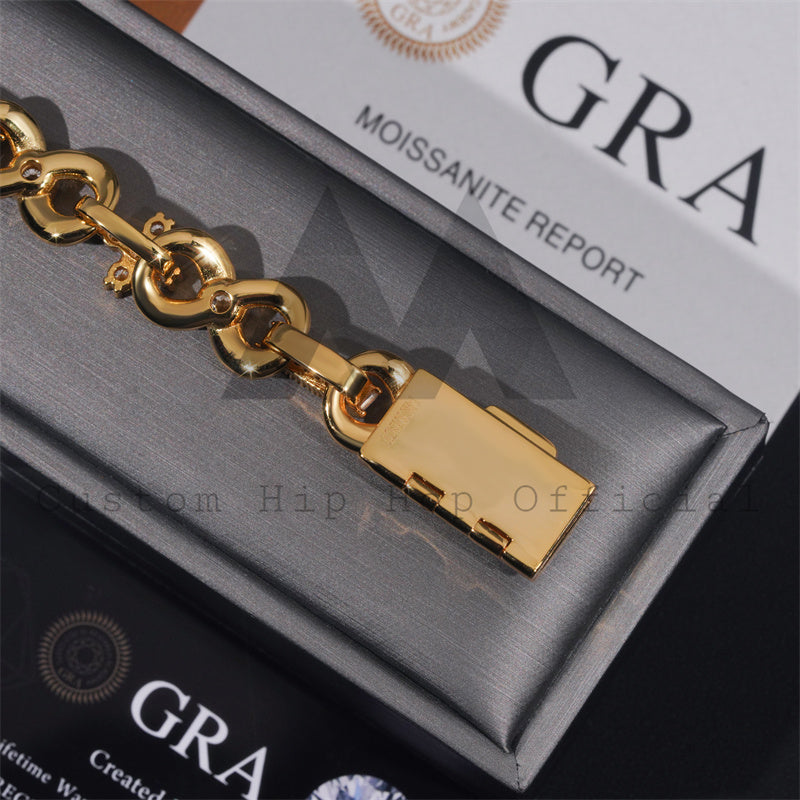 Custom Made Name Clasp 13MM Baguette Infinity Link Bracelet VVS Moissanite Diamond 18K Gold Plated