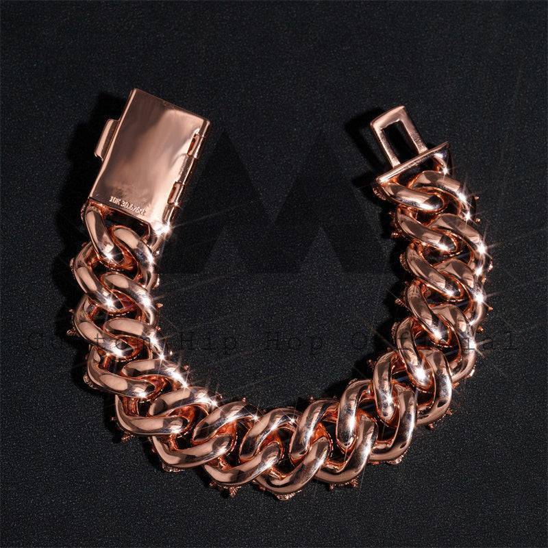 Hip hop jewelry featuring 20MM Baguette Cut Moissanite Cuban Bracelet in Rose Gold Plated Silver2