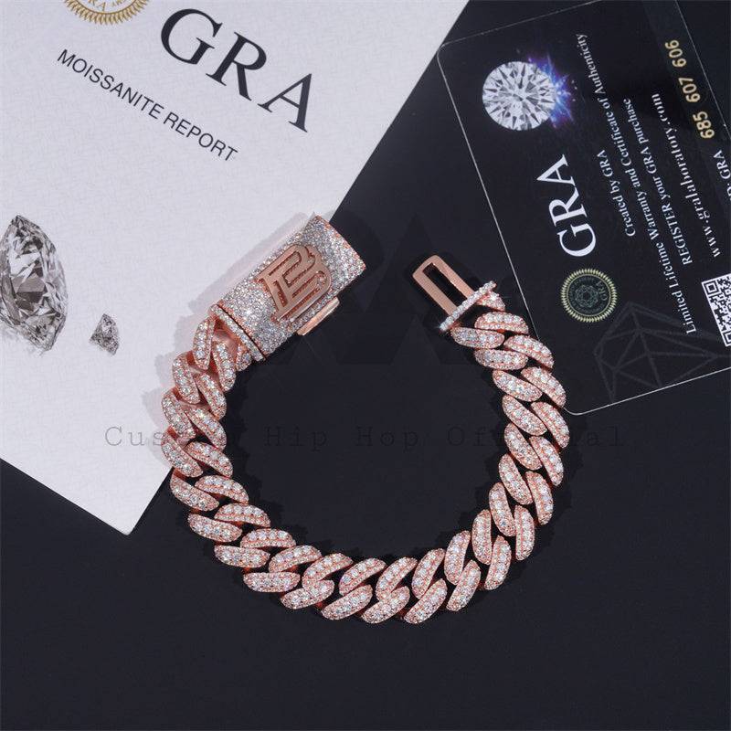 925 Silver Rose Gold Hip Hop 15MM Custom Name Lock Iced Out Moissanite Cuban Link Bracelet