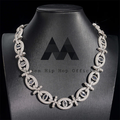 Sterling Silver Hip Hop Custom Design 18MM Sapphire Color Moissanite Evil Eye Link Chain Iced Out Moissanite
