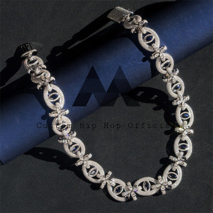 Sterling Silver Hip Hop Custom Design 18MM Sapphire Color Moissanite Evil Eye Link Chain Iced Out Moissanite