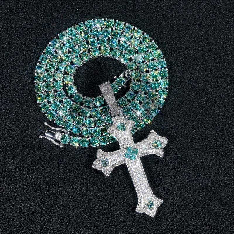 Tiffany Blue Moissanite Tennis Chain With Matching Cross Pendant Sterling Silver 925 Iced Out