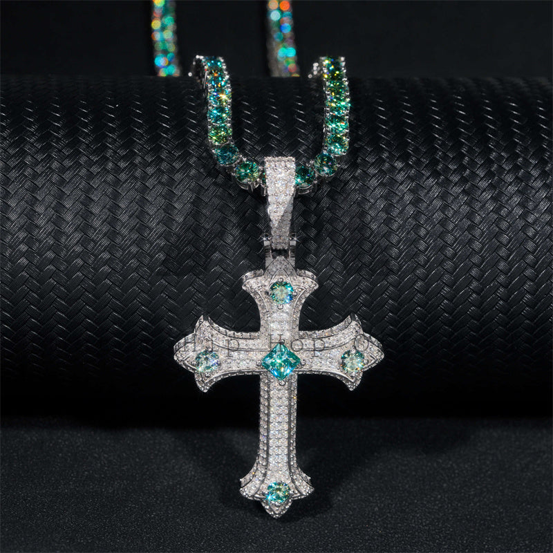 Tiffany Blue Moissanite Tennis Chain With Matching Cross Pendant Sterling Silver 925 Iced Out