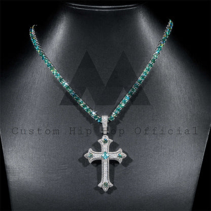 Tiffany Blue Moissanite Tennis Chain With Matching Cross Pendant Sterling Silver 925 Iced Out