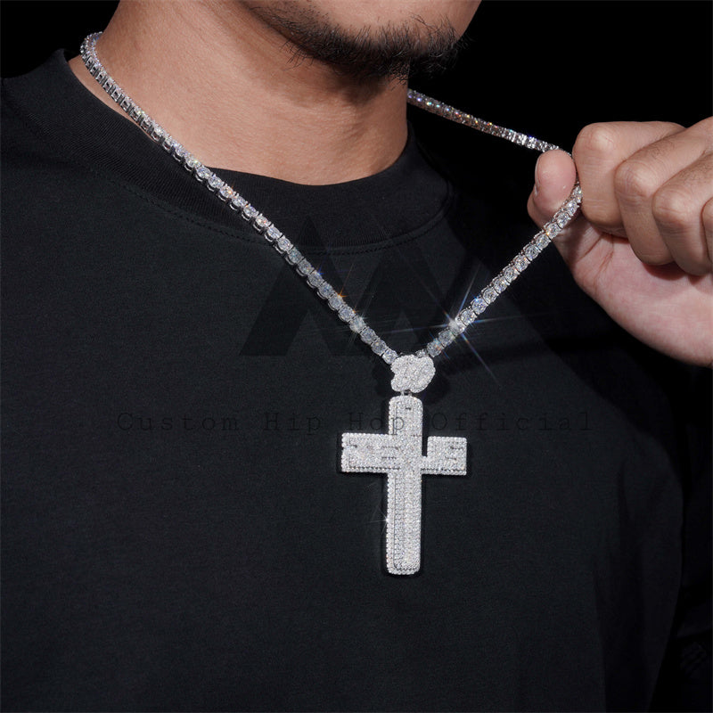 925 Sterling Silver Jesus Moissanite Cross Pendant Custom Made Match 4MM Tennis Chain