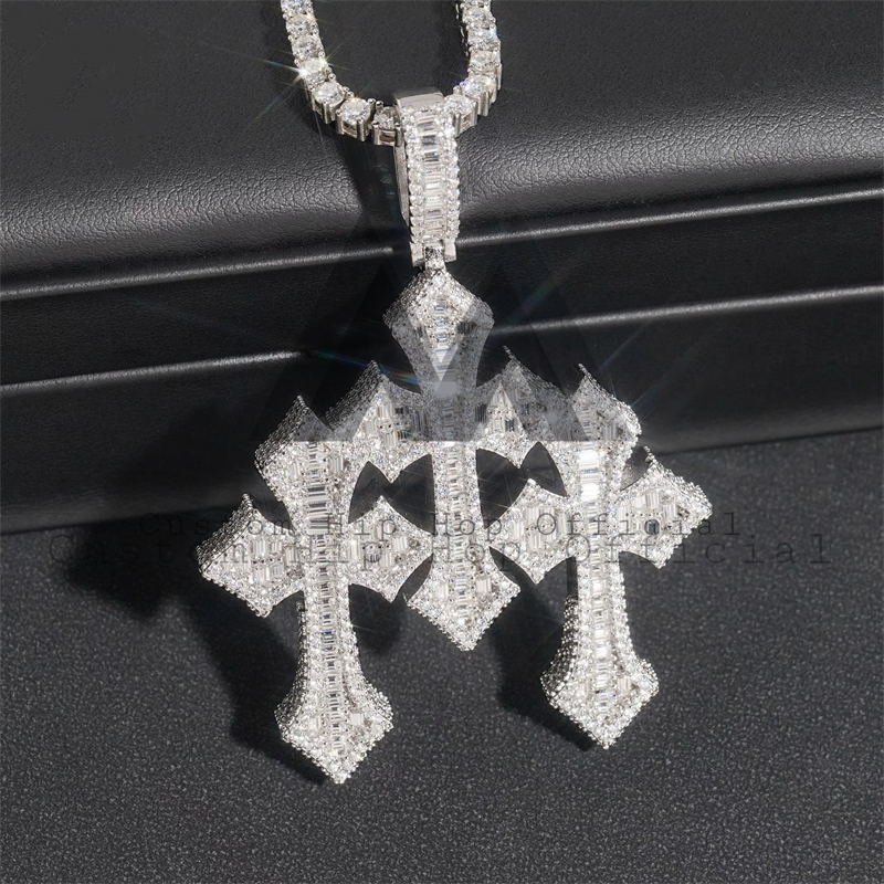 Iced Out Sterling Silver 925 Three Cross Pendant With Baguette VVS Moissanite Diamond